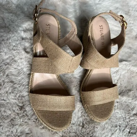 Stuart Weitzman Metallic Canvas Espradille Wedge Sandals, size 8.5