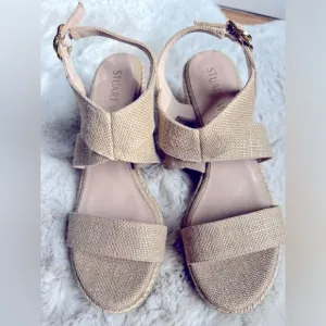 Stuart Weitzman Metallic Canvas Espradille Wedge Sandals, size 8.5