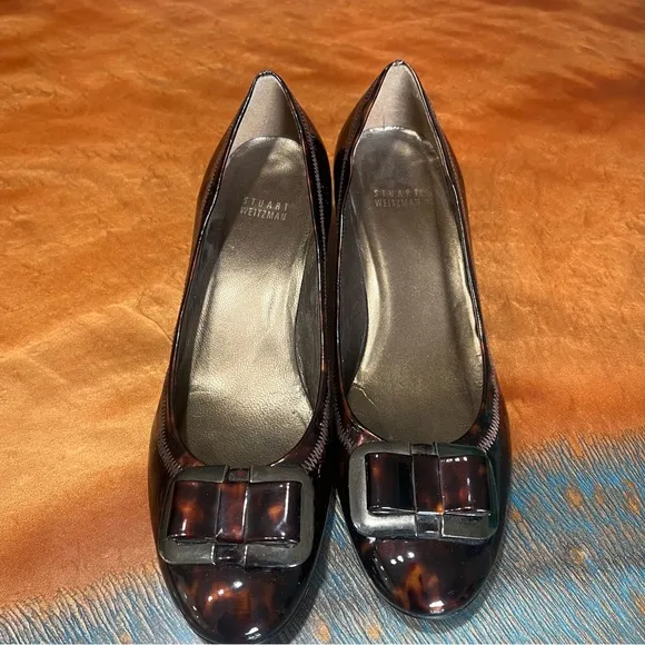 Stuart Weitzman Patent Leather Wedge Shoes Tortoise Shell animal print brown