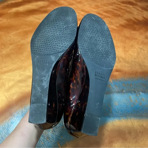 Stuart Weitzman Patent Leather Wedge Shoes Tortoise Shell animal print brown