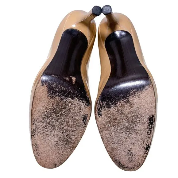 Stuart Weitzman Platswoon Patent Leather Round Point Toe Pumps Heels Tan 9.5