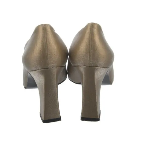 Stuart Weitzman Tan/Gold Block Heel Pumps EUC Size 6.5 B