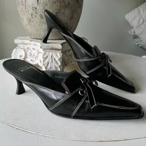 Stuart Weitzman 🖤 Vintage Bow Kitten Heels Leather Mules Black White Womens 8.5N