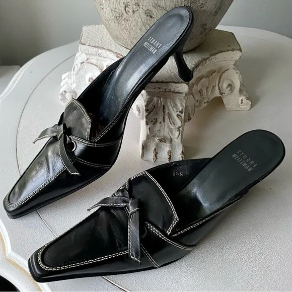 Stuart Weitzman 🖤 Vintage Bow Kitten Heels Leather Mules Black White Womens 8.5N