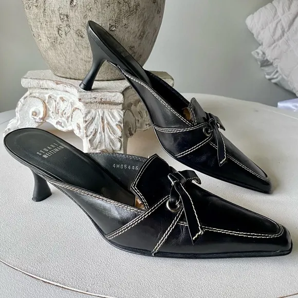 Stuart Weitzman 🖤 Vintage Bow Kitten Heels Leather Mules Black White Womens 8.5N