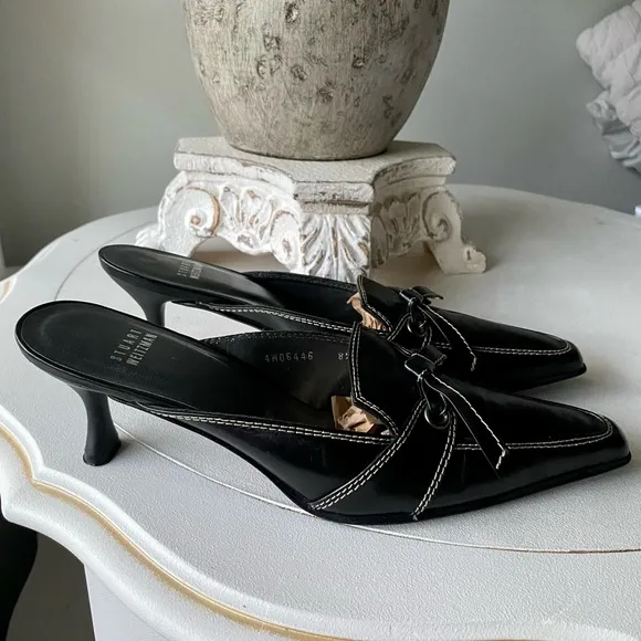 Stuart Weitzman 🖤 Vintage Bow Kitten Heels Leather Mules Black White Womens 8.5N