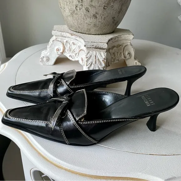 Stuart Weitzman 🖤 Vintage Bow Kitten Heels Leather Mules Black White Womens 8.5N