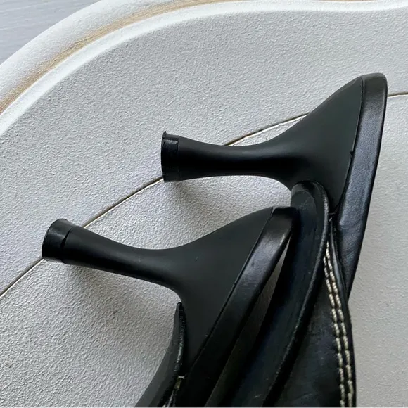 Stuart Weitzman 🖤 Vintage Bow Kitten Heels Leather Mules Black White Womens 8.5N