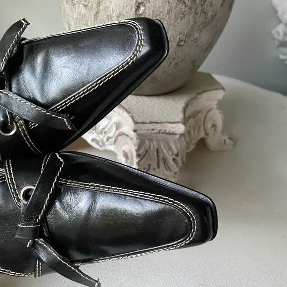 Stuart Weitzman 🖤 Vintage Bow Kitten Heels Leather Mules Black White Womens 8.5N