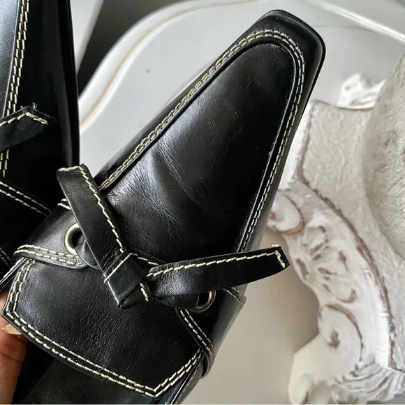 Stuart Weitzman 🖤 Vintage Bow Kitten Heels Leather Mules Black White Womens 8.5N