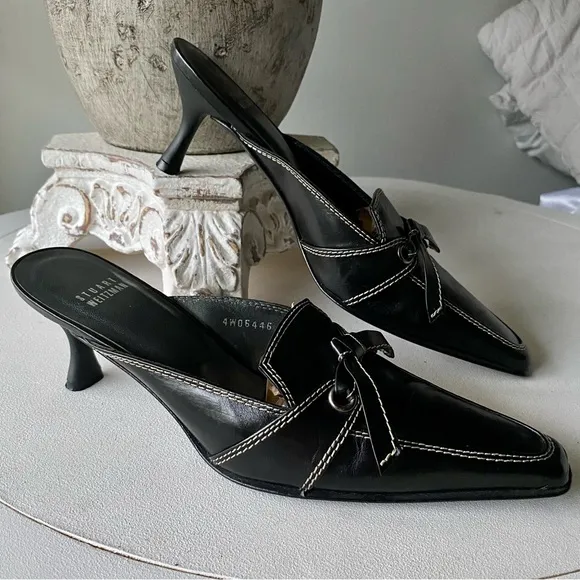 Stuart Weitzman 🖤 Vintage Bow Kitten Heels Leather Mules Black White Womens 8.5N