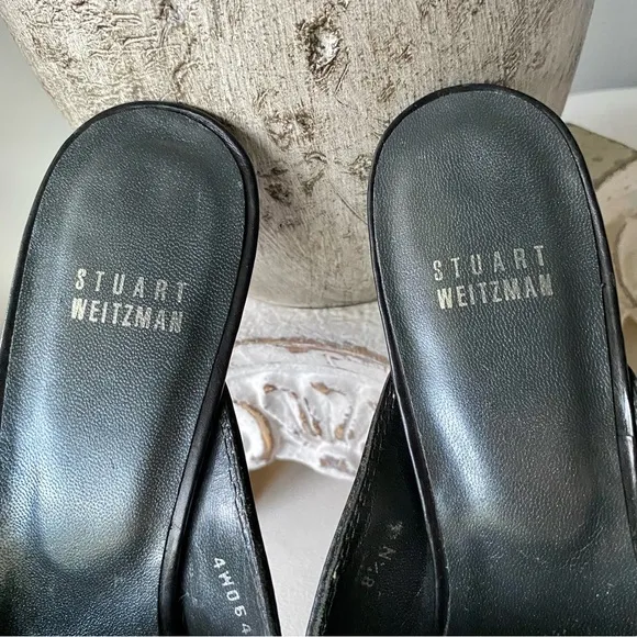 Stuart Weitzman 🖤 Vintage Bow Kitten Heels Leather Mules Black White Womens 8.5N