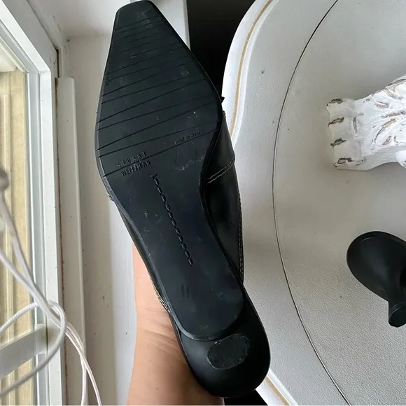 Stuart Weitzman 🖤 Vintage Bow Kitten Heels Leather Mules Black White Womens 8.5N