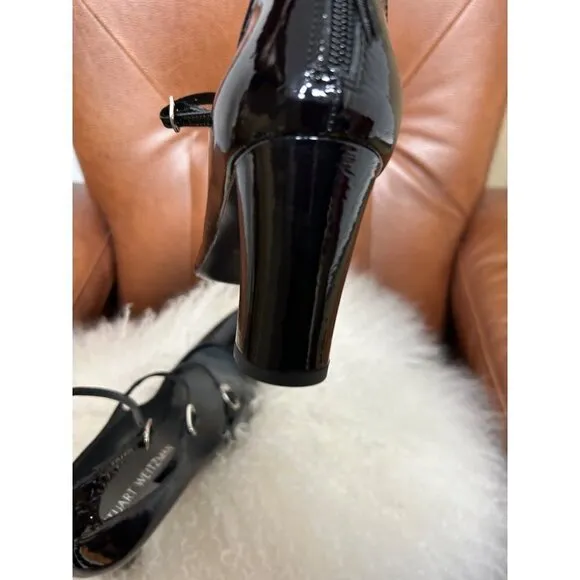 Stuart Weitzman Womens Shoes 7.5M Black Patent Leather Strappy Chunky Heels