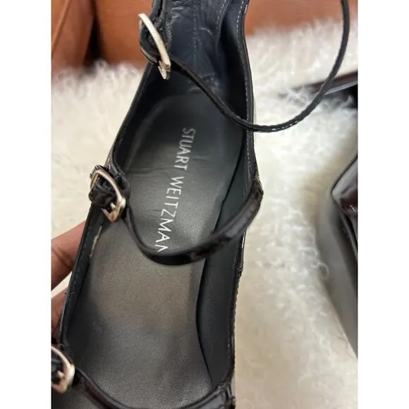 Stuart Weitzman Womens Shoes 7.5M Black Patent Leather Strappy Chunky Heels