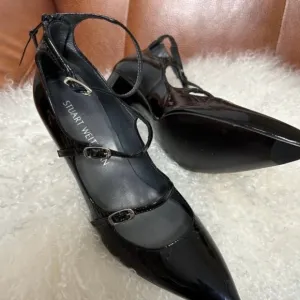 Stuart Weitzman Womens Shoes 7.5M Black Patent Leather Strappy Chunky Heels