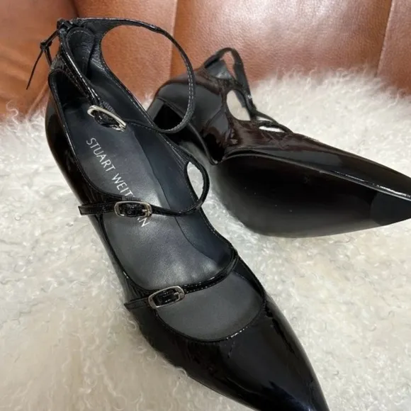 Stuart Weitzman Womens Shoes 7.5M Black Patent Leather Strappy Chunky Heels
