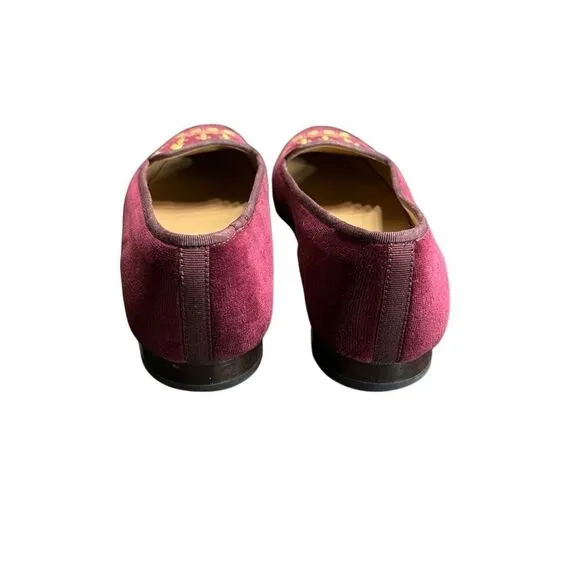 Stubbs &amp; Wooten Palm Beach Burgundy Velvet Gold Crown Flats 8.5