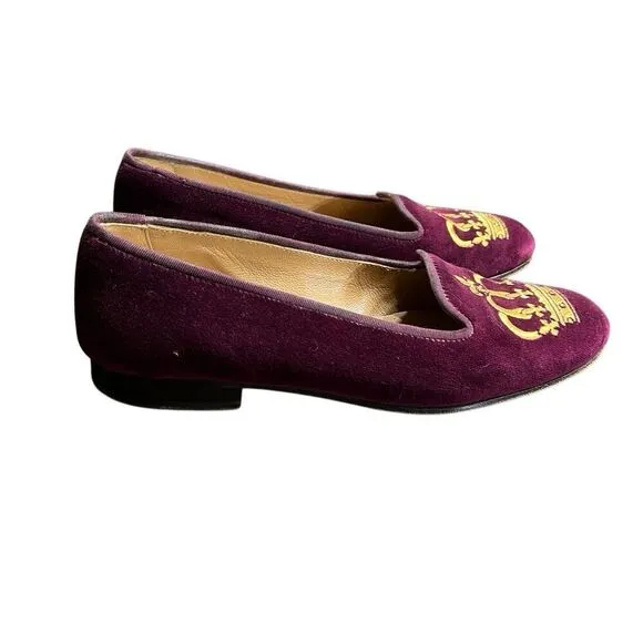 Stubbs &amp; Wooten Palm Beach Burgundy Velvet Gold Crown Flats 8.5