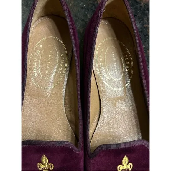 Stubbs &amp; Wooten Palm Beach Burgundy Velvet Gold Crown Flats 8.5