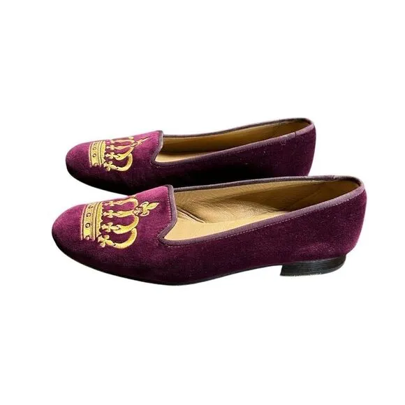 Stubbs &amp; Wooten Palm Beach Burgundy Velvet Gold Crown Flats 8.5