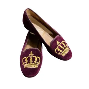 Stubbs &amp; Wooten Palm Beach Burgundy Velvet Gold Crown Flats 8.5