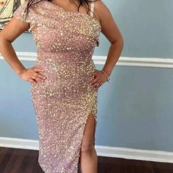 Stunning blush Pink Formal Sequin Gown off shoulder Dress - wedding prom…