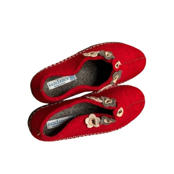 Sundance Catalog Red Wool Shoes with flowers handmade in Itally NWT
