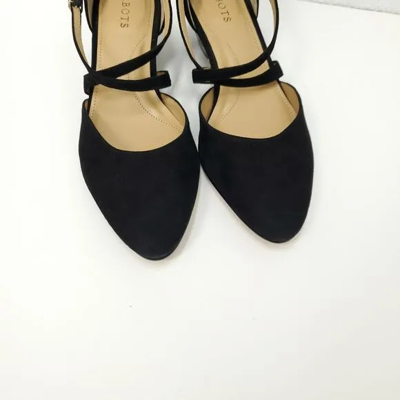 TALBOTS Suede Leather Laney Criss Cross Almond Toe Mary Jane Wedge Pumps Shoes