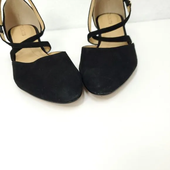 TALBOTS Suede Leather Laney Criss Cross Almond Toe Mary Jane Wedge Pumps Shoes