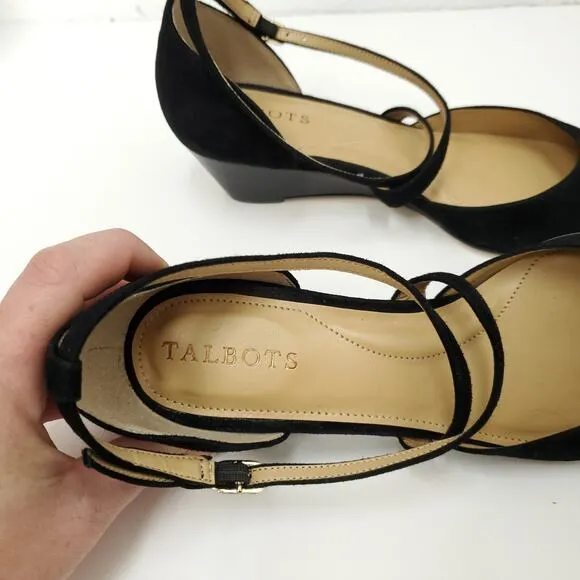 TALBOTS Suede Leather Laney Criss Cross Almond Toe Mary Jane Wedge Pumps Shoes