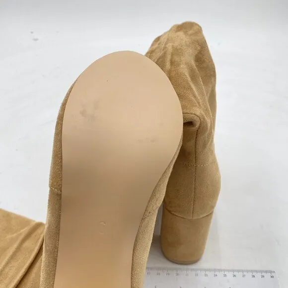 Tan Suede Slouch Knee High Boots Pull On Closed Toe Wide Calf Long Boot