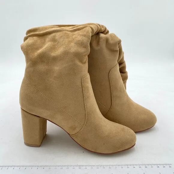 Tan Suede Slouch Knee High Boots Pull On Closed Toe Wide Calf Long Boot