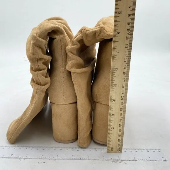 Tan Suede Slouch Knee High Boots Pull On Closed Toe Wide Calf Long Boot