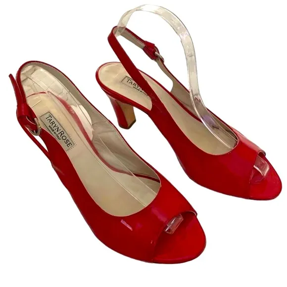 Taryn Rose Made in Italy Red Patent Leather Peep Toe Slingback Heel Pumps — SZ 7