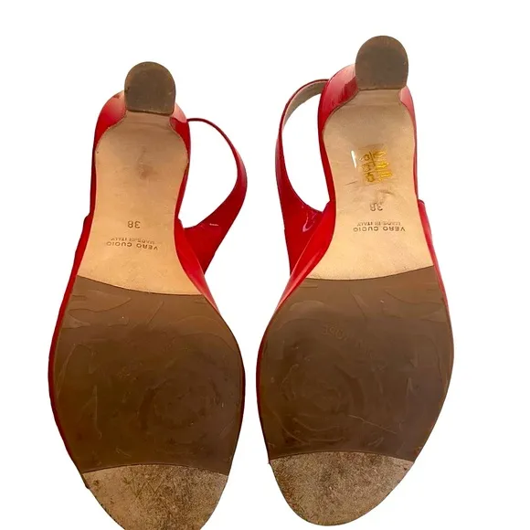 Taryn Rose Made in Italy Red Patent Leather Peep Toe Slingback Heel Pumps — SZ 7