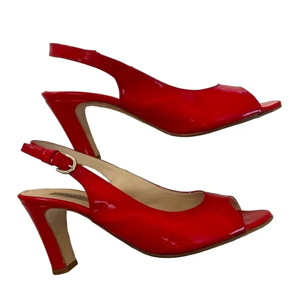 Taryn Rose Made in Italy Red Patent Leather Peep Toe Slingback Heel Pumps — SZ 7