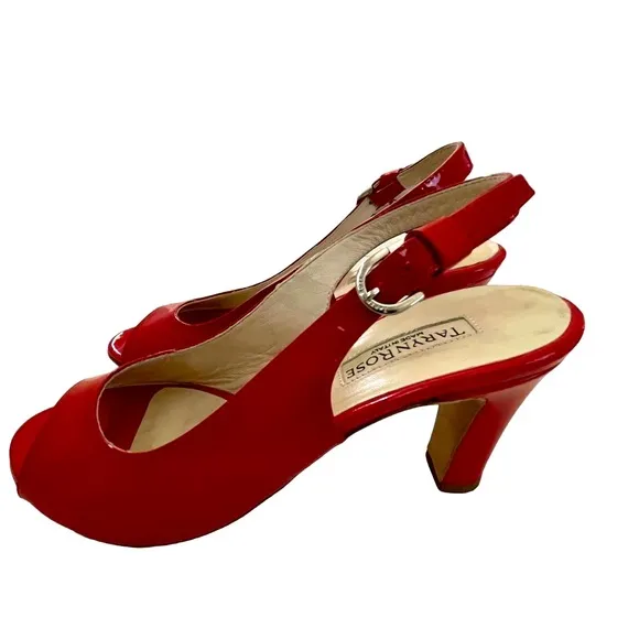 Taryn Rose Made in Italy Red Patent Leather Peep Toe Slingback Heel Pumps — SZ 7