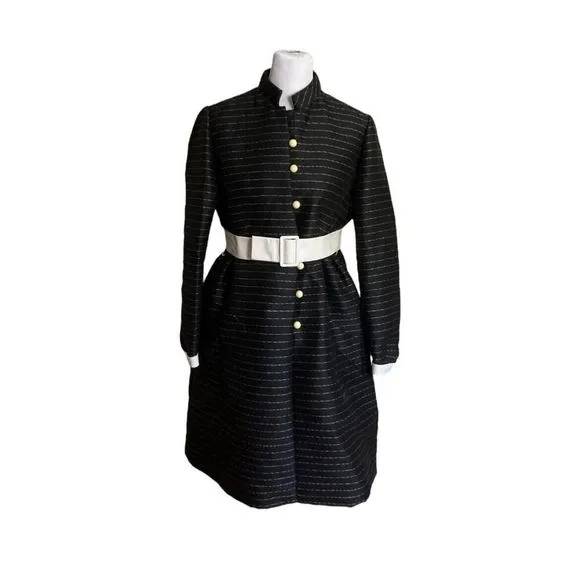 Teal Traina 60s Vintage Belted Black Stripe Dress Buttons Designer Rare US XL