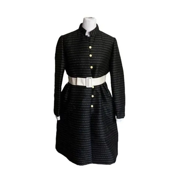 Teal Traina 60s Vintage Belted Black Stripe Dress Buttons Designer Rare US XL