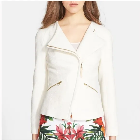 Ted Baker Ayeleen Textured Biker Jacket Off white Moto Zip US size 4
