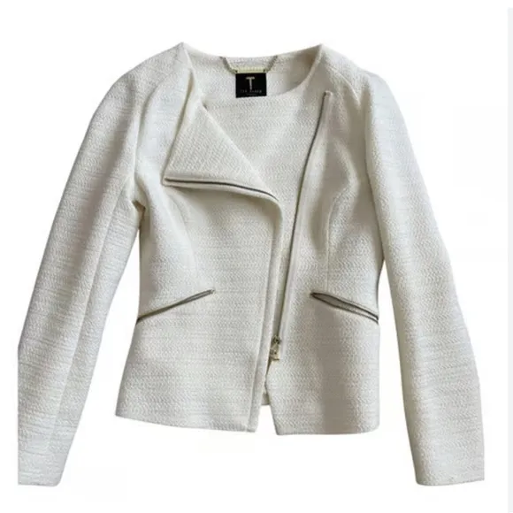 Ted Baker Ayeleen Textured Biker Jacket Off white Moto Zip US size 4