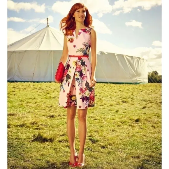 Ted BAKER DEAVON WOMEN'S OIL PAINTING Floral Sleeveless Belted DRESS NUDE PINK 6