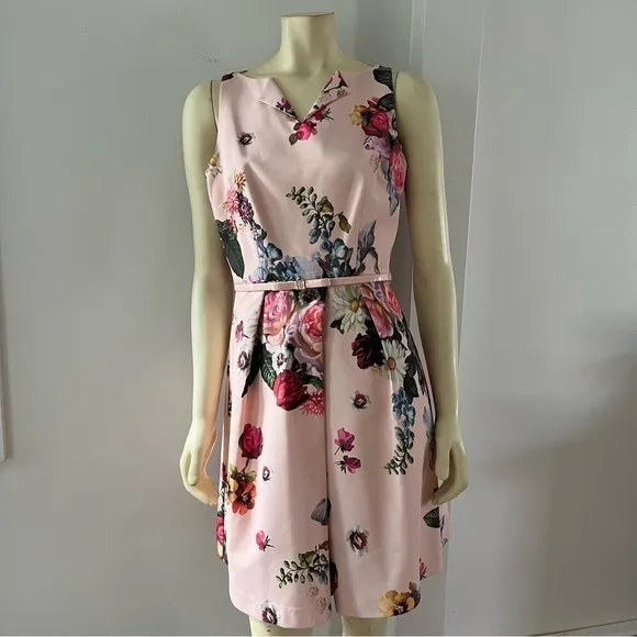 Ted BAKER DEAVON WOMEN'S OIL PAINTING Floral Sleeveless Belted DRESS NUDE PINK 6