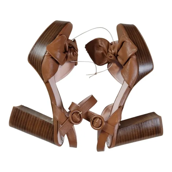 Ted Baker HEMYLA Brown Leather Block Heel Sandals EU38 US 7.5 Feminine Bow