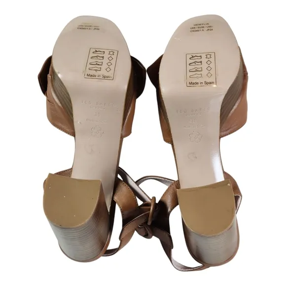 Ted Baker HEMYLA Brown Leather Block Heel Sandals EU38 US 7.5 Feminine Bow