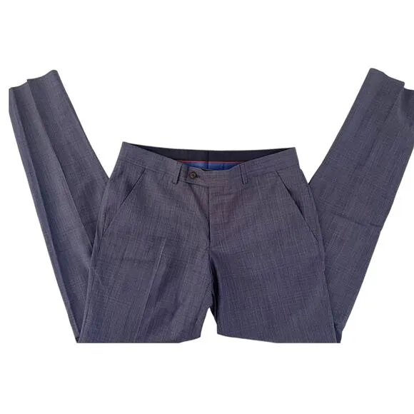 Ted Baker Karl Slim Fit 100% Wool Dress Pants, Micro Plaid Blue | 33 Short Unhem