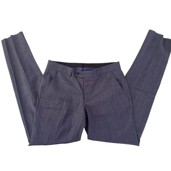 Ted Baker Karl Slim Fit 100% Wool Dress Pants, Micro Plaid Blue | 33 Short Unhem