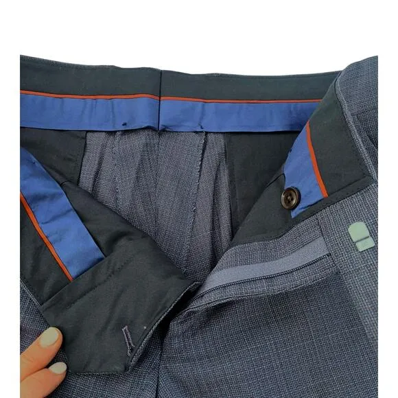 Ted Baker Karl Slim Fit 100% Wool Dress Pants, Micro Plaid Blue | 33 Short Unhem