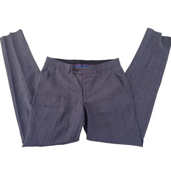 Ted Baker Karl Slim Fit 100% Wool Dress Pants, Micro Plaid Blue | 33 Short Unhem